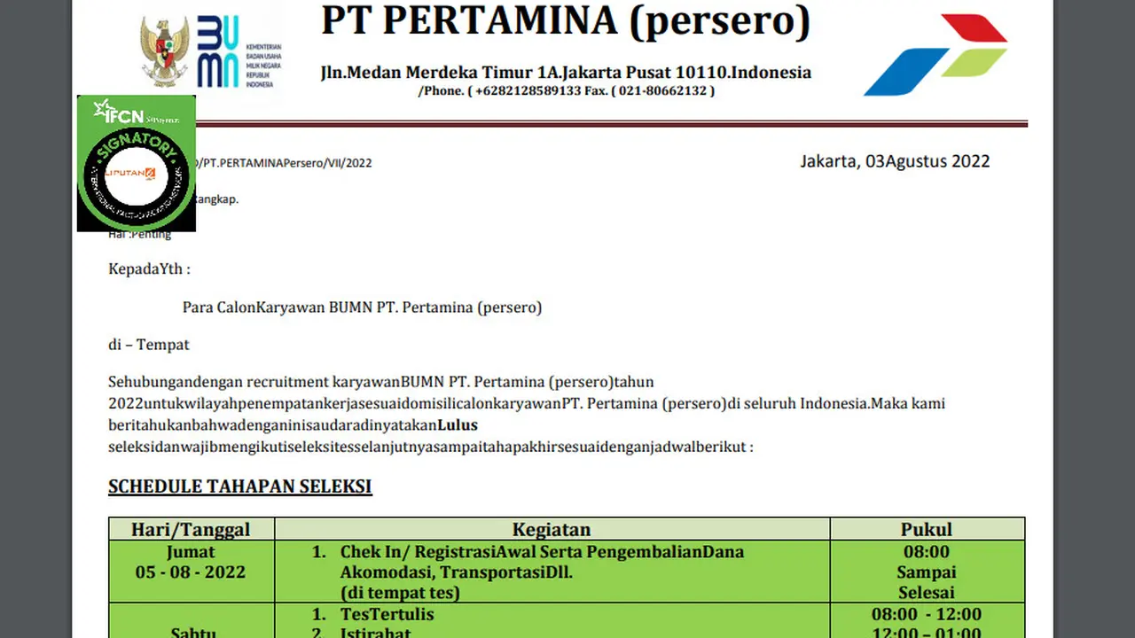 Tangkapan layar  surat pemanggilan seleksi calon pegawai Pertamina