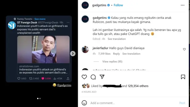 Reaksi David Gadgetin soal salah foto kasus Mario Dandy. (Tangkapan layar Instagram/ gadgetins)