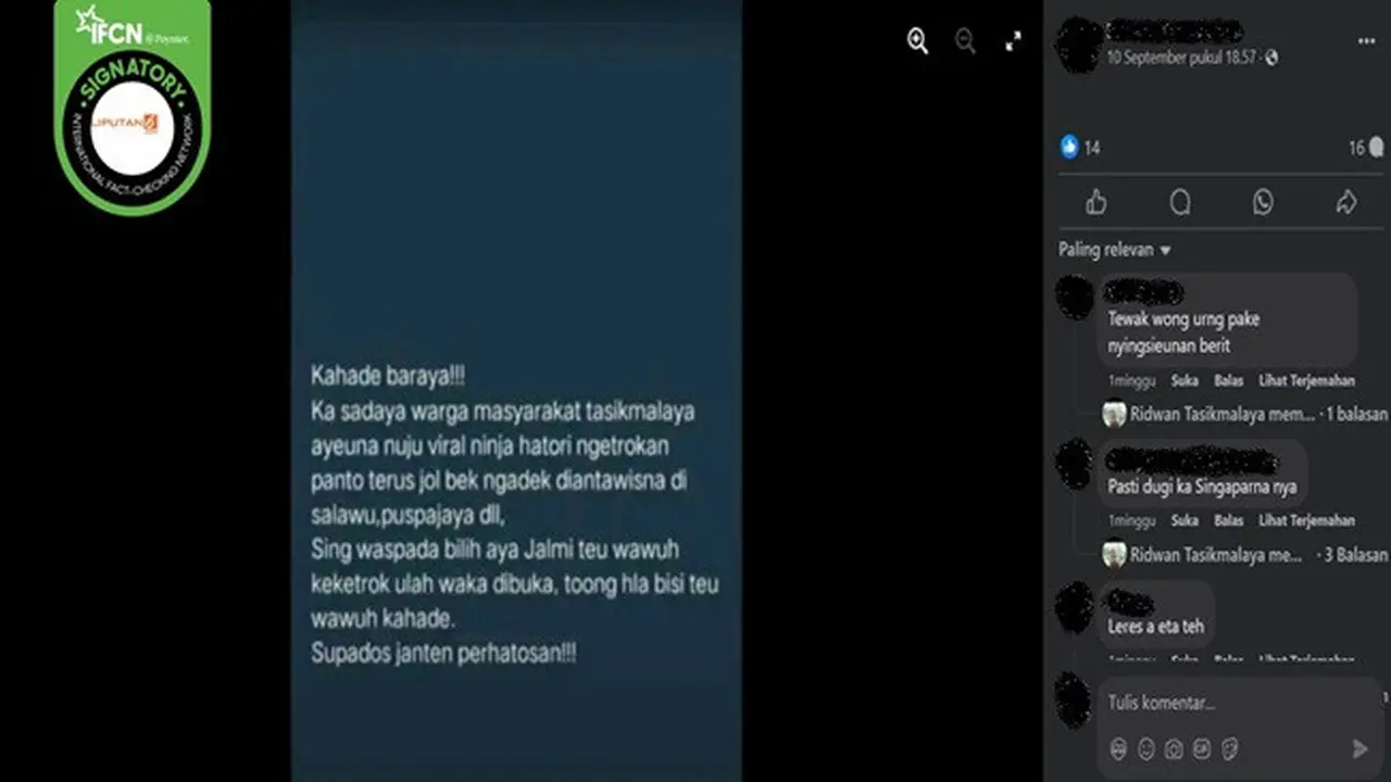 Gambar tangkapan layar kabar tentang adanya teror ninja di Tasikmalaya, Jawa Barat. (sumber: Facebook)