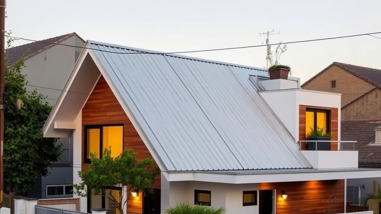 Rumah dengan Atap Miring yang Menyatu dengan Atap Datar