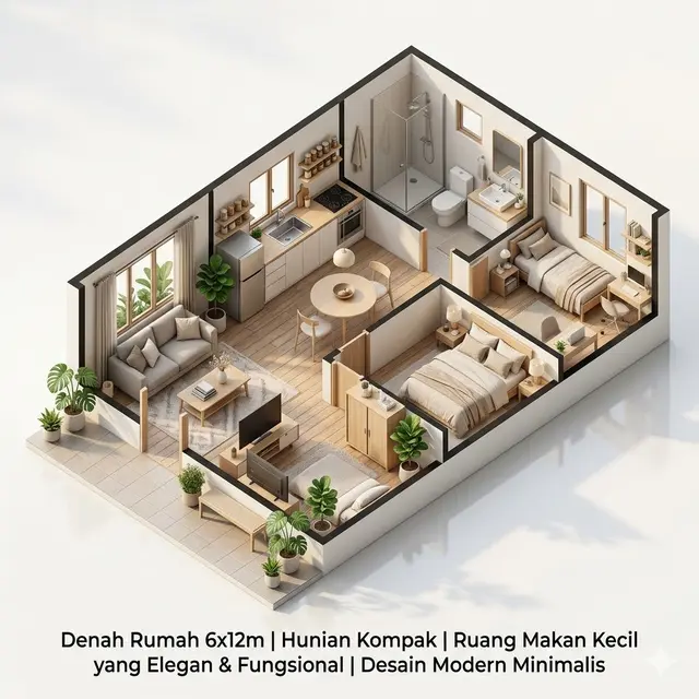 Denah Rumah 6x12 dengan Ruang Makan Kecil