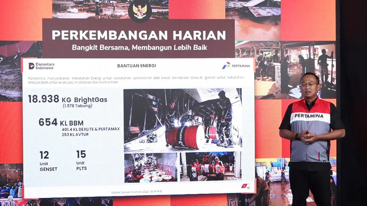 Corporate Secretary PT Pertamina (Persero), Arya Dwi Paramita, dalam konferensi pers Update Penanganan Pascabencana, Jumat (9/1/2026). Dok istimewa