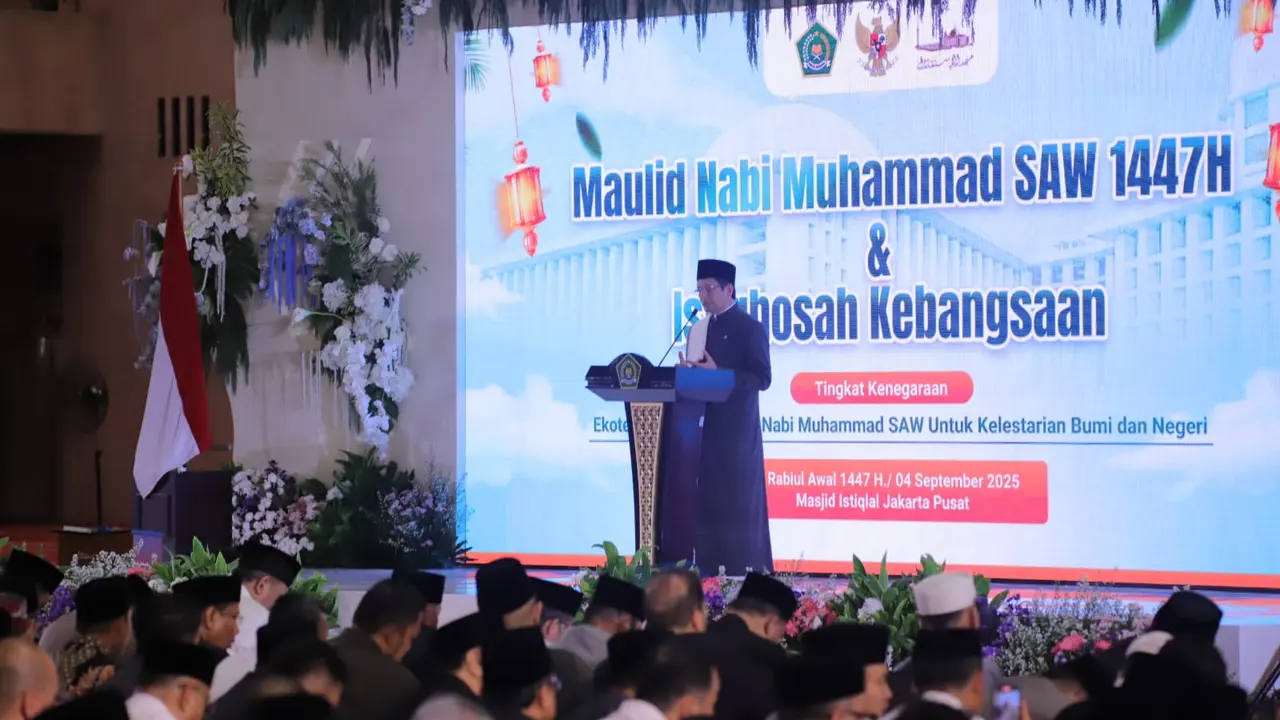 Menteri Agama Nasaruddin Umar  dalam Peringatan Maulid Nabi Muhammad SAW 1447 Hijriah sekaligus Istighosah Kebangsaan di Masjid Istiqlal, Jakarta, Kamis (4/9/2025). (Istimewa)