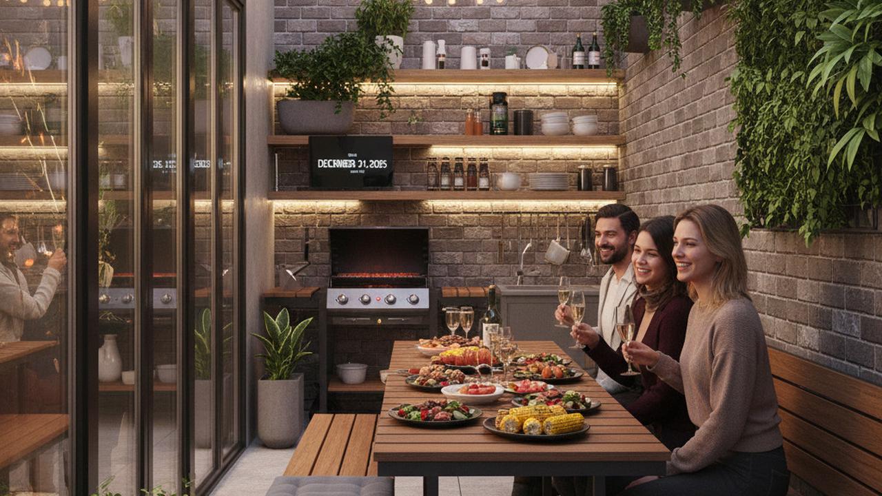 Teras Sempit Modern Industrial yang Cozy untuk BBQ Tahun Baru 2026