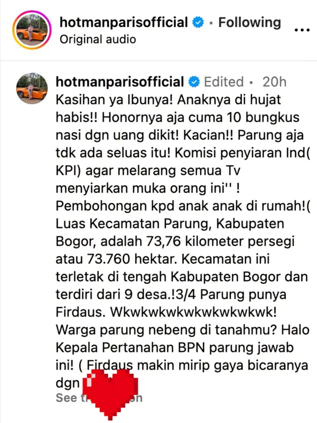 Unggahan Hotman Paris. (Foto: Dok. Instagram @hotmanparisofficial)