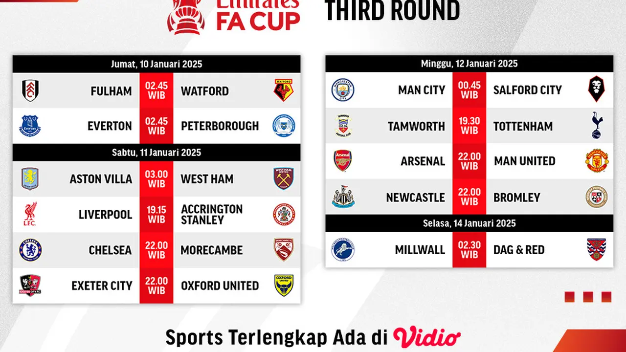 Jadwal Live Streaming FA Cup 2025/2025 Third Round di Vidio On Off