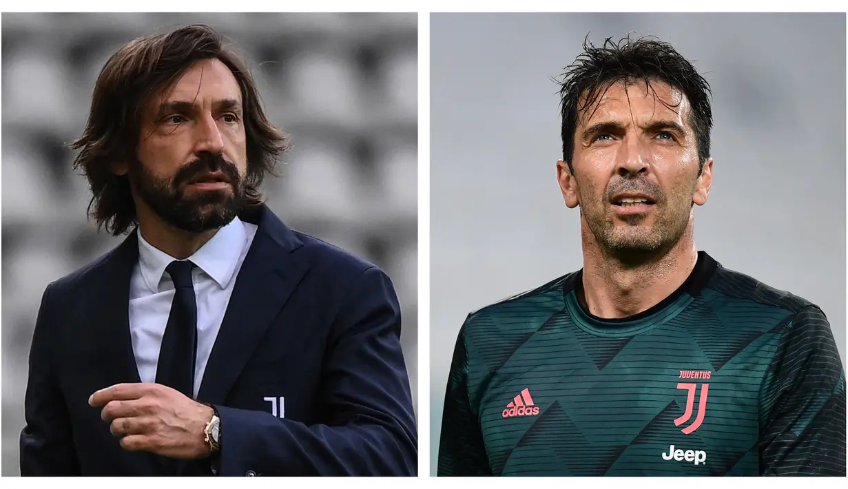 Andrea Pirlo - Gianluigi Buffon. Andrea Pirlo berusia 41 tahun saat ditunjuk menjadi manajer Juventus pada Agustus 2020. Ia lebih muda dari kiper Juventus, Gianluigi Buffon yang telah berusia 43 tahun. (AFP/Marco Bertorello)