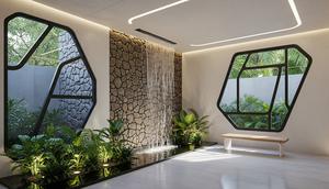 Desain Rumah Kecil dengan Air Terjun Mini di Dinding/AI