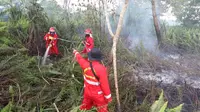 Petugas Manggala Agni yang tergabung dalam Satgas Pengendalian Karhutla berusaha memadamkan api di Kawasan Petuk Katimpun, Jekan Raya, Kota Palangka Raya, Kalimantan Tengah. Foto: Marifka Wahyu Hidayat