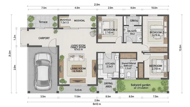 Denah Desain Rumah 8x12 dengan 3 Kamar dan Mushola