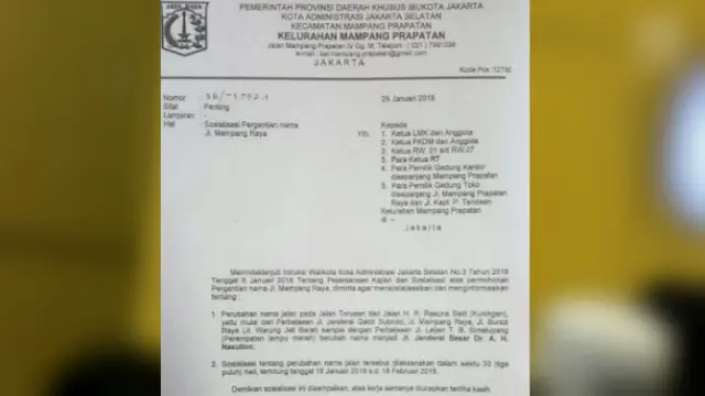 Surat Instruksi Sosialisasi Perubahan Nama Jalan