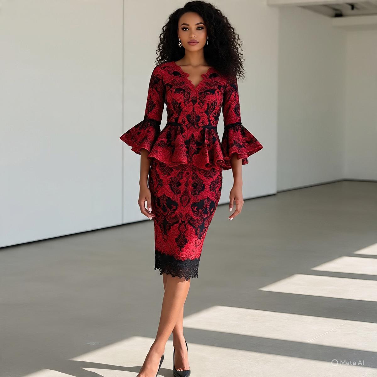 Ilustrasi Dress Batik Brokat Warna Merah dan Hitam