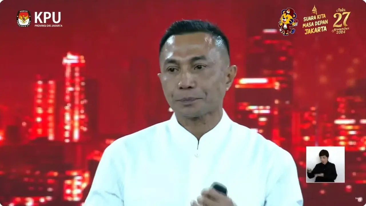Cagub Jakarta nomor urut 2 Dharma Pongrekun dalam debat perdana Pilkada Jakarta 2024, Minggu (6/10/2024) di JIExpo Kemayoran, Jakarta Pusat.