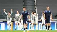 Para pemain Juventus merayakan gol Alvaro Morata ke gawang Lazio dalam lanjutan Liga Italia di Allianz Stadium, Minggu (8/3/2021). (Tano Pecoraro/LaPresse via AP)