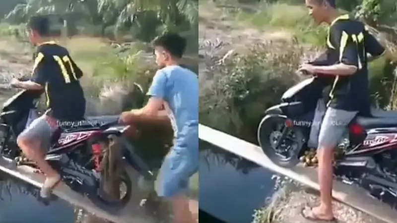 Cowok Ini Naik Motor Nyebrang Lewat Papan Kayu