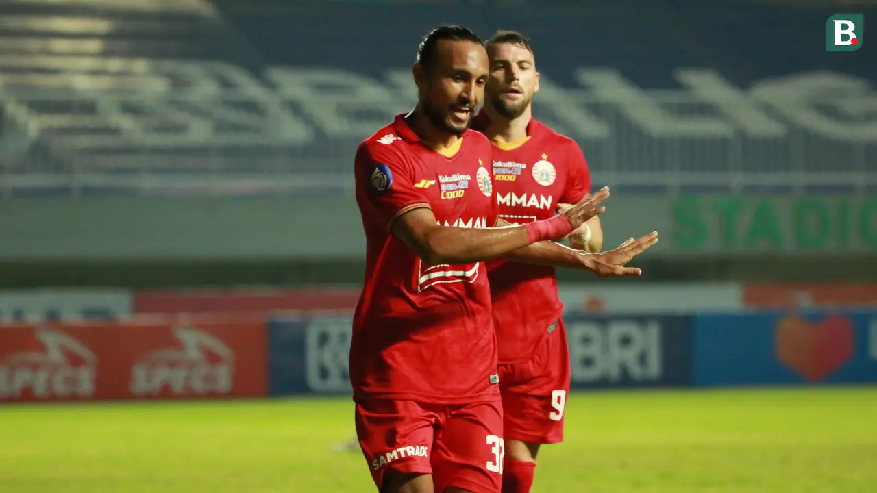Gelandang Persija Jakarta, Rohit Chand ketika mencetak gol ke gawang Persita Tangerang pada pekan kelima BRI Liga 1 2021/2022 di Stadion Pakansari, Kabupaten Bogor.
