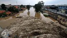 Tumpukan sampah yang tersangkut di jembatan Rawajati Kalibata, Jakarta, Selasa (8/3/2016). Hujan yang mengguyur Bogor dua hari terakhir mengakibatkan banjir kiriman yang disertai sampah batang bambu. (Liputan6.com/Helmi Fithriansyah)