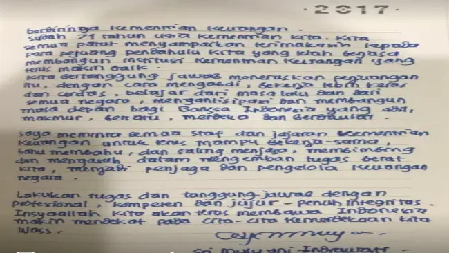Surat Sri Mulyani (Facebook Menkeu Sri Mulyani)