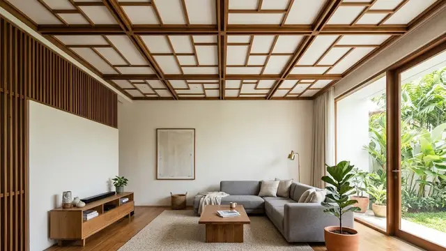 Plafon Kayu dengan Rangka Geometris