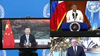 Pidato virtual Sidang PBB. Kiri: Presiden China, Xi Jinping ; Atas Kanan: Presiden Filipina, Rodrigo Duterte ; Bawah Kanan:  PM Australia Scott Morrison