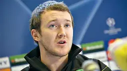 Winger Celtic Glasgow Aiden McGeady di sesi konferensi pers di Aalborg, Denmark, 24 November 2008, jelang laga Liga Champions melawan Aalborg. AFP PHOTO SCANPIX DENMARK - Henning Bagger 