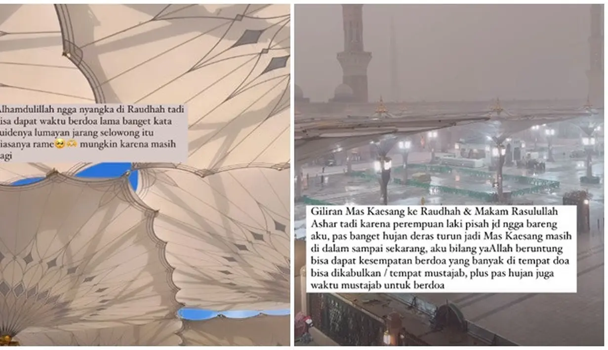 Lewat story Instagramnya, Erina Gudono bagikan cerita saat ia dan Kaesang Pangarep ke Raudhah. Tidak bersamaan, namun Erina dan Kaesang sama-sama dapat kesempatan berdoa di Raudhah dalam waktu yang lama. Raudhah atau disebut Taman Surga di Masjid Nabawi merupakan salah satu tempat yang selalu dikunjungi oleh jamaah. Setiap orang punya cerita tersendiri ketika mengunjungi Raudhah. (Liputan6.com/IG/@erinagudono)