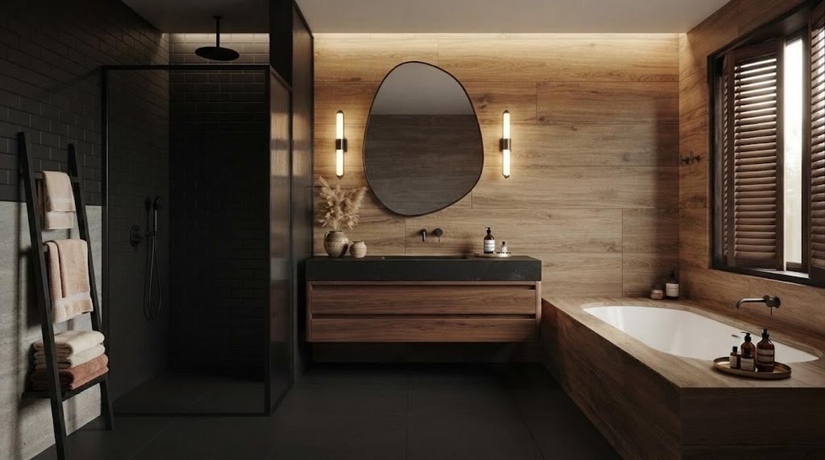 Kombinasi Warna Hitam Matte dan Kayu Natural