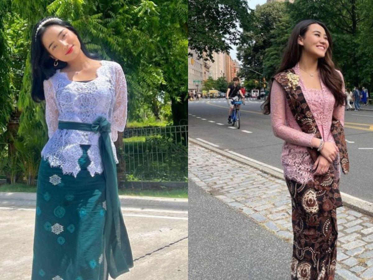 &nbsp;Fuji memakai kebaya hijau dengan aksen bando pada rambutnya, sedangkan Aaliyah Massaid memakai kebaya pink dengan selendang batik.