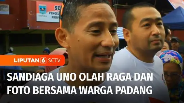 Dari Padang, Sumatera Barat, Ketua Badan Pemenangan Pemilu Partai Persatuan Pembangunan, PPP, Sandiaga Uno menyapa warga yang ditemuinya saat berolah raga, Sabtu pagi.