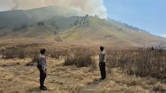 ​ Cuaca Buruk Lumpuhkan Water Bombong, Tim Gabungan Berjibaku Padamkan Api Bromo Dari Darat