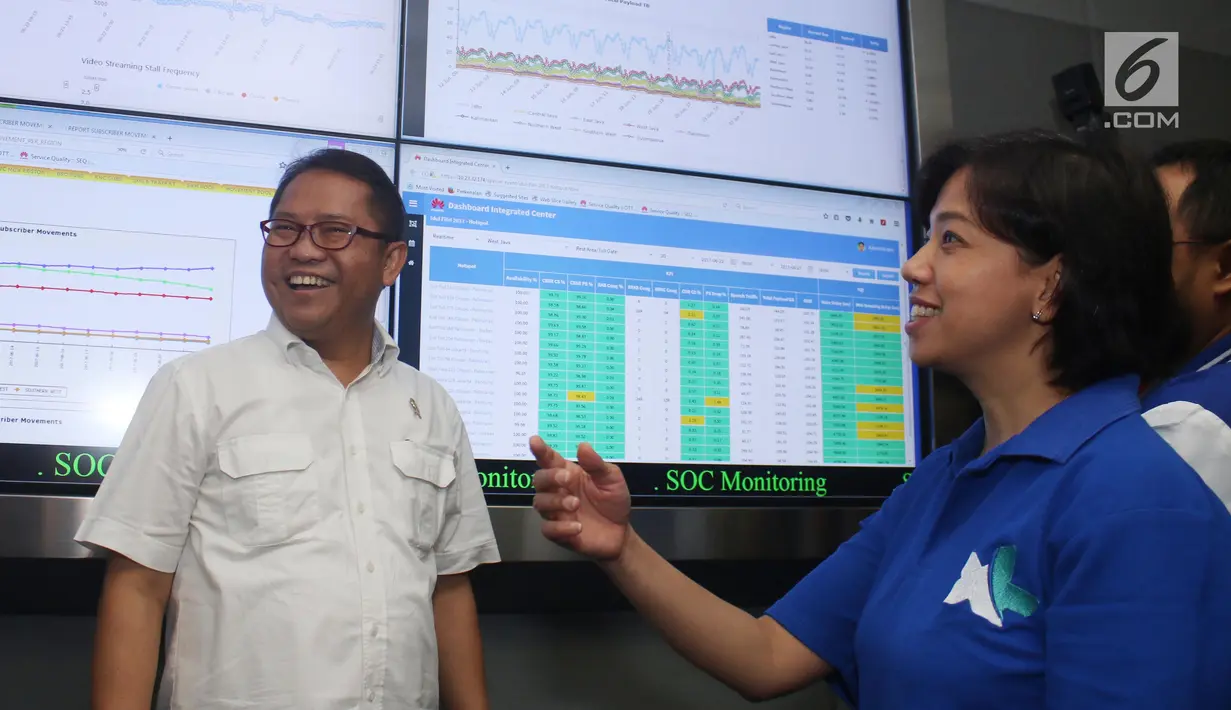 Menkominfo Rudiantara didampingi Direktur / Chief Service Management XL Axiata Yessie D. Yosetya saat meninjau Network monitoring XL di Jakarta, Jumat (23/6). (Liputan6.com/Angga Yuniar)