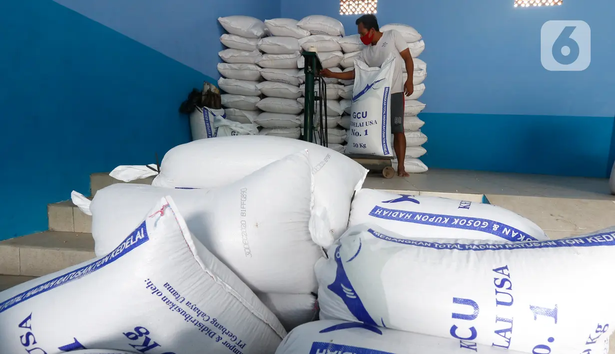 Seorang pekerja menimbang karung berisi kedelai untuk dijual di Jakarta, Rabu (6/1/2021). Kementerian Pertanian akan meningkatkan produksi kedelai lokal untuk memenuhi kebutuhan dalam negeri sebagai respon dari melonjaknya harga kedelai impor. (Liputan6.com/Angga Yuniar)