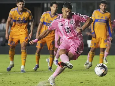 Dua gol penalti Luis Suarez bawa Inter Miami menang atas Tigres UANL dalam laga perempat final Leagues Cup 2025 di Chase Stadium, Florida, Rabu (20/08/2025) waktu setempat. (AP Photo/Lynne Sladky)