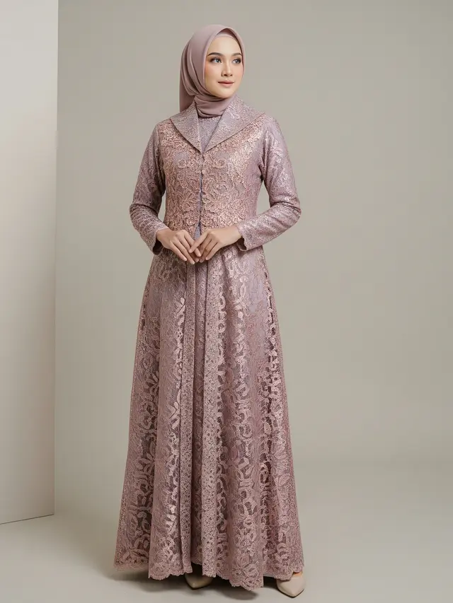 Model Gamis Batik Brokat Motif Elegan 2026 untuk Hijabers Model Kerah Tinggi