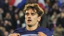 Penyerang Prancis, Antoine Griezmann berselebrasi usai mencetak gol ke gawang Kazakhstan pada kualifikasi grup D Piala Dunia 2022 di stadion Parc des Princes di Paris, Minggu (14/11/2021). Prancis menang telak atas Kazakhstan 8-0 dan berhak lolos ke Piala Dunia 2022 di Qatar. (AP Photo/Michel Euler