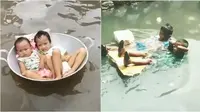 Kelakuan kocak anak saat banjir (Sumber: Instagram/halewwww)