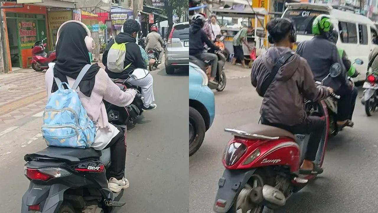 Dua pengendara motor matic tertangkap kamera dan viral di platform X karena tak menggunakan helm, melainkan headphone di kepalanya.