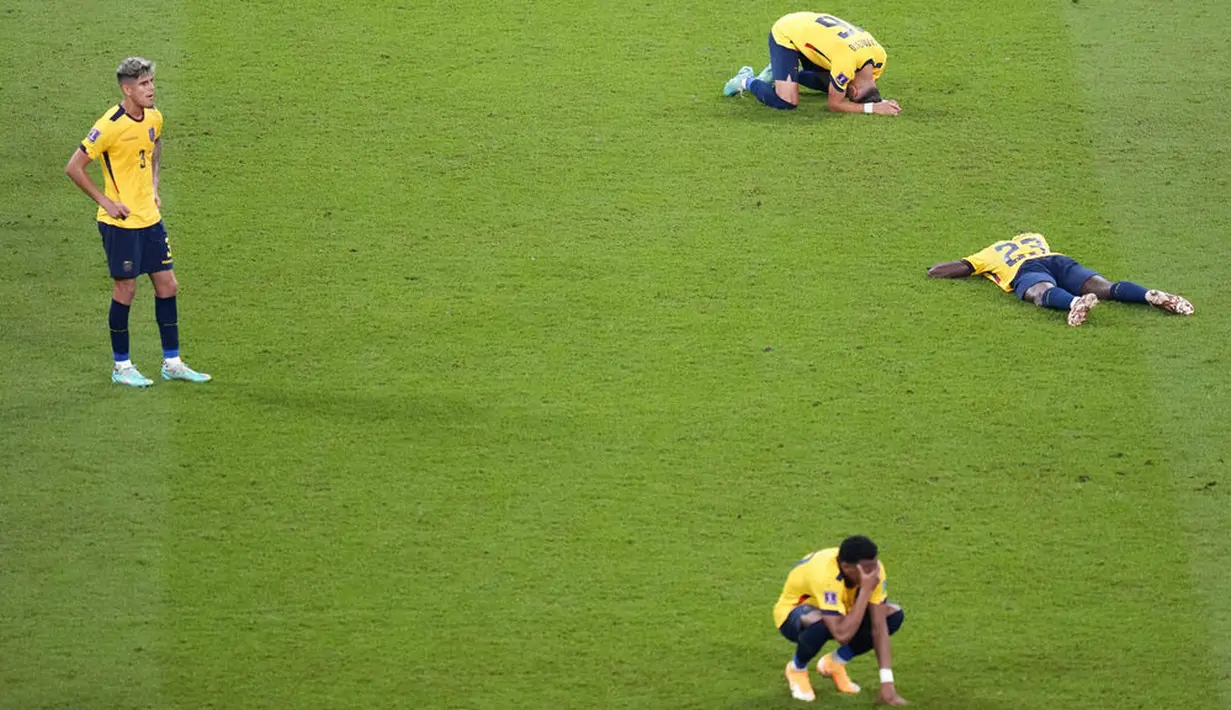 Pemain Ekuador berjatuhan di lapangan usai ditaklukkan Senegal pada laga Grup A Piala Dunia di Stadion Khalifa, Doha, Selasa (29/22/2022). (AP/Aijaz Rahi)
