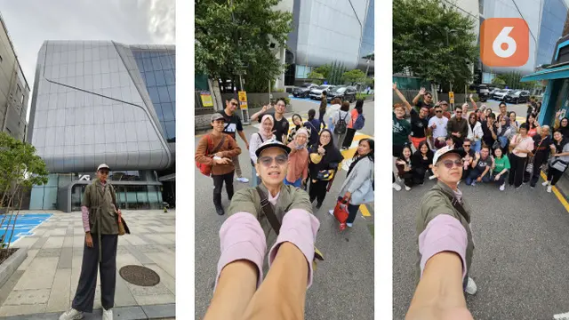 Jurnalis Liputan6.com dan 60 Orang Beruntung yang Bisa ke Korea Selatan Berkat Tutup Botol Emas Berfoto Bersama di Depan Kantor YG Entertainment. Sayangnya, Tidak Bertemu dengan Blackpink (Foto: Aditya Eka Prawira/Liputan6.com)