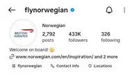 Logo Instagram Norwegian Air berganti menjadi logo British Airways selama satu hari setelah Norwegia kalah dari Inggris di Piala Dunia 2026. (Dok. Tangkapan layar Instagram)