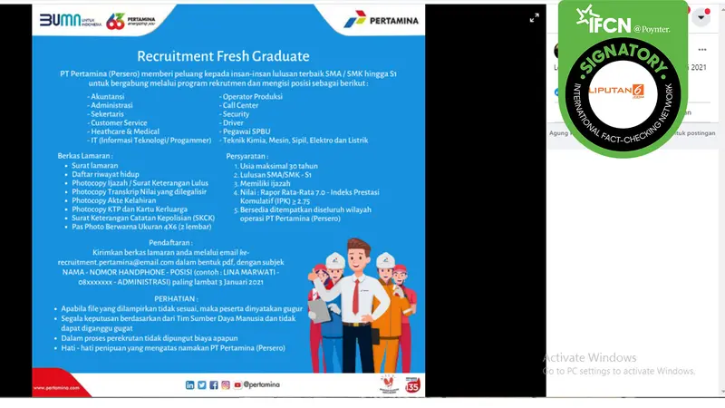 Hoaks lowongan kerja Pertamina untuk tahun 2021.jpg