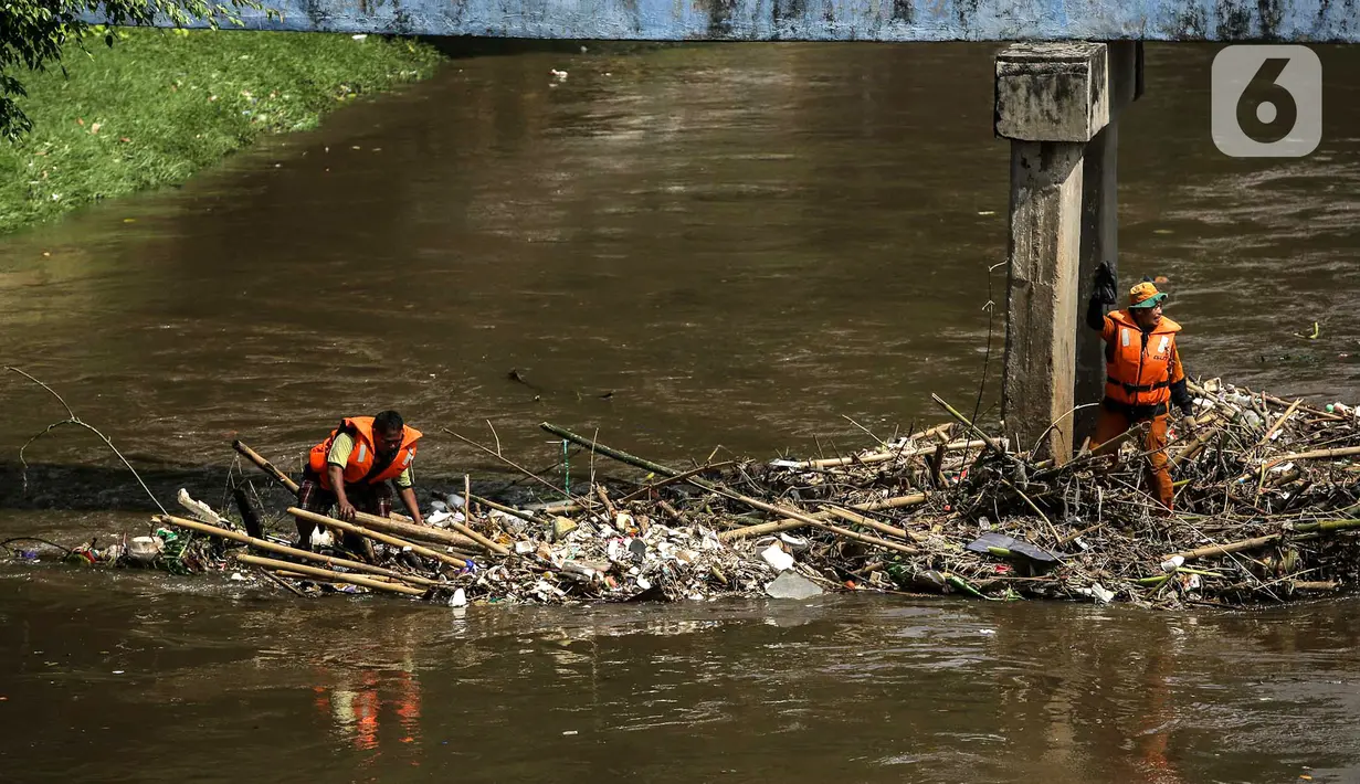 Petugas PPSU membersihkan sampah yang tersangkut di tengah derasnya aliran Kali Ciliwung, Jakarta, Rabu (19/5/2021). Pembersihan tersebut dimaksudkan agar tidak ada penumpukan sampah dan sedimentasi saluran di sepanjang Kali Ciliwung. (Liputan6.com/Faizal Fanani)