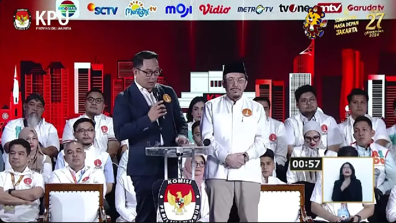 Pasangan calon gubernur dan calon wakil gubernur nomor urut 1 Ridwan Kamil-Suswono saat debat terakhir atau debat ketiga Pilkada Jakarta 2024.