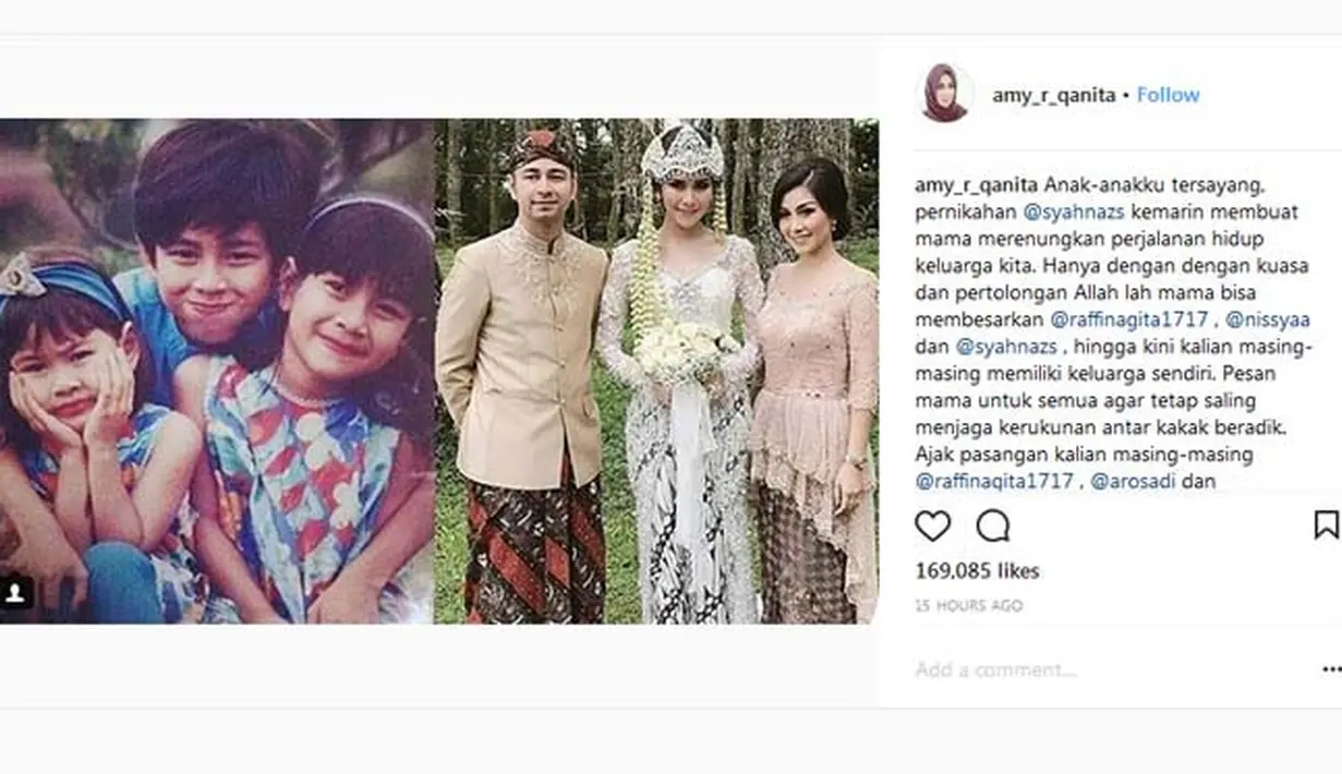 Amy, ibu tangguh yang mengurus tiga anaknya seorang diri sejak kepergian sang suami. Di akun Instagramnya, Amy mengunggah foto masa kecil ketiga buah hatinya yang dikolase dengan foto terbaru. Disertakan juga isi hati darinya. (Instagram/amy_r_qanita)