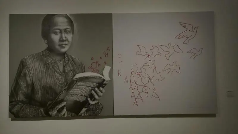 Lukisan dengan rajutan manual karya Guntur Wiratmo dalam pameran tunggal "Beetwen The Lines" di Galeri Nasional. (Foto : Akbar Muhibar/Liputan6.com)