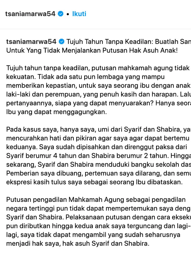 Unggahan Tsania Marwa. (Dok. Instagram @tsaniamarwa54)