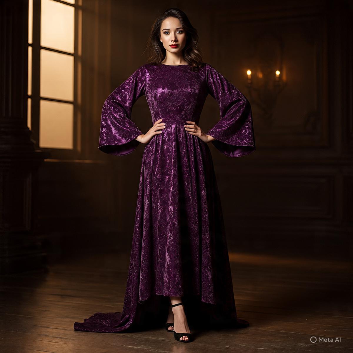 Ilustrasi Long Dress Lengan Flare Bahan Velvet