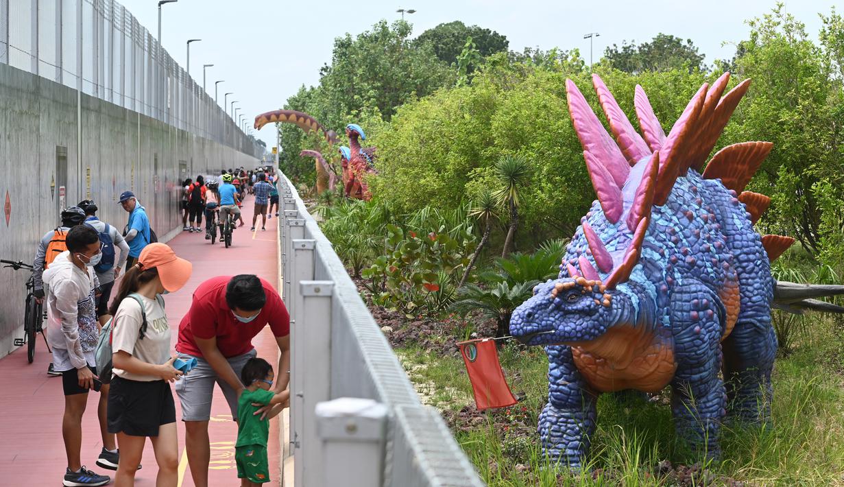 Orang-orang berhenti untuk mengambil foto replika dinosaurus seukuran aslinya yang dipajang di sepanjang "Changi Jurassic Mile" jalan santai di Singapura (13/10/2020). Ada 22 replika dinosaurus yang dibangun di jalur Bandara Changi dengan East Coast Park. (AFP/Roslan Rahman)