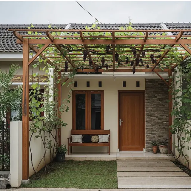 6 Desain Teras Rustic dengan Pot Tanaman Rambat yang Menjalar ke Atap, Kesejukan Alami