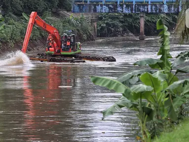 Petugas Dinas Lingkungan Hidup DK Jakarta melakukan pengerukan di sepanjang aliran Banjir Kanal Barat, Jakarta, Sabtu (1/2/2025). (Liputan6.com/Angga Yuniar)